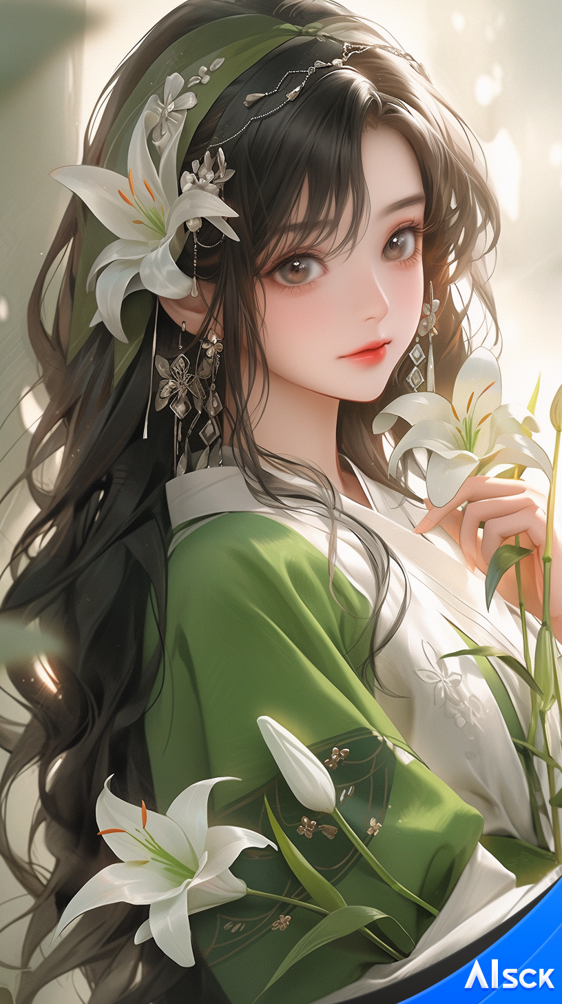 中国风古风绿衣百合花AI美女（AI绘画+Midjourney提示词） – AISCK🏆