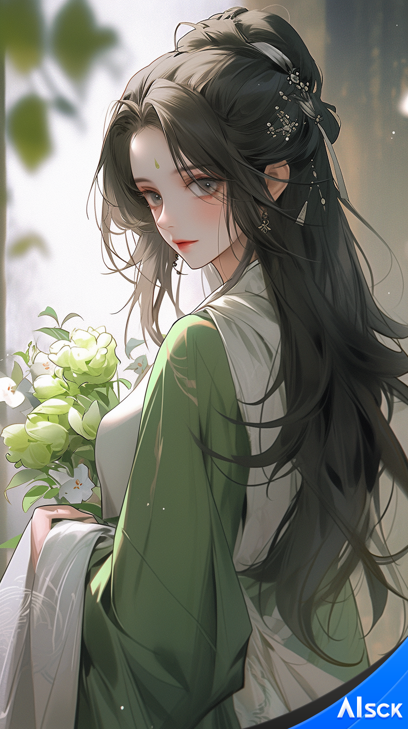 中国风古风绿衣百合花AI美女（AI绘画+Midjourney提示词） – AISCK🏆